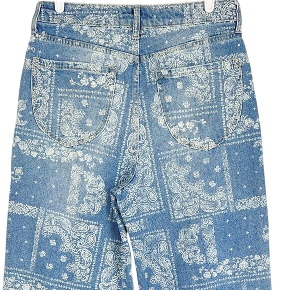 PTCL Ethical Clothing Women's Blue Paisley Bandana Print Jeans Sz 30 Raw Hem NWT - Picture 4 of 9
